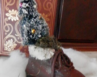 Vintage Soft Leather 1950's Baby Boot Hand Painted and Accented with a Bottle Brush Tree.