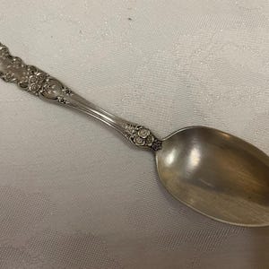 Puede incluir: Una cuchara de plata con detalles florales ornamentados en el mango y el cuenco. La cuchara tiene un diseño clásico, con un cuenco redondeado y un mango largo y delgado. El mango presenta patrones florales en relieve.