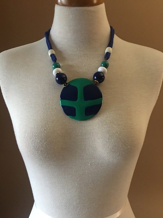 Vintage Mod, Modern Enamel Necklace in Blue and G… - image 1