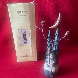 Greg Guedel Early Carving Star Folk Warmest Wishes” realizzato per il Midwest di Cannon Falls, pupazzo di neve con albero e luna