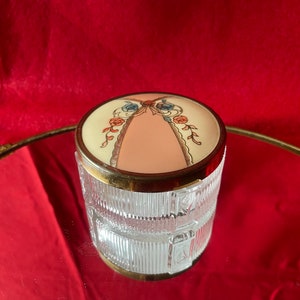 Vintage Glass Powder/Trinket Dresser Box with Ornate Enamel Lid in Art Deco Style
