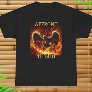 Puede incluir: Camiseta negra con un gráfico de una criatura alada con un corazón en el pecho, rodeada de llamas. El texto "AFFRONT TO GOD" está impreso debajo del gráfico.