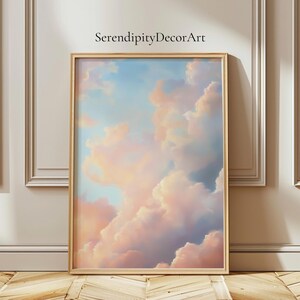 Poster opaco con dipinto a olio di nuvole pastello / Arte murale con cielo sognante / Stampa di un tramonto blu e rosa tenue / Opera d'arte con paesaggio tranquillo / Decorazione per la casa serena