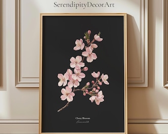 Pink Cherry Blossom Botanical Matte Poster | Dark Aesthetic Wall Art | Floral Nature Print | Japanese Flower Illustration | Sakura Decor