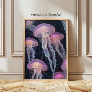 Iridescent Pink Jellyfish Oil Painting Matte Poster | Ethereal Ocean Art | Luminous Floating Sea Creatures | Serene Wall Decor
