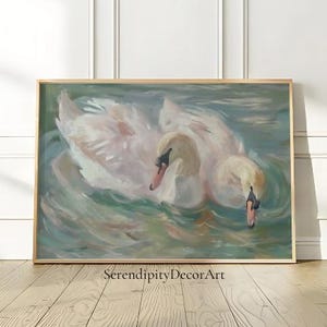 Romantisches Schwanen Paar Matte Poster | Vintage Ölgemälde von Schwänen auf Wasser | Cottagecore Vogel Wand Kunst | Impressionistischer Tierdruck