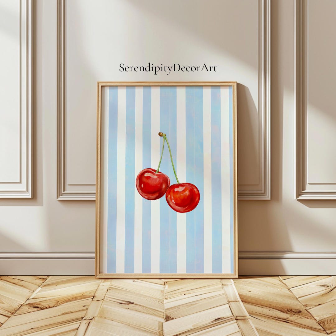 Retro Cherry Art Poster | Red Fruit Kitchen Wall Decor, Blue Stripes ...
