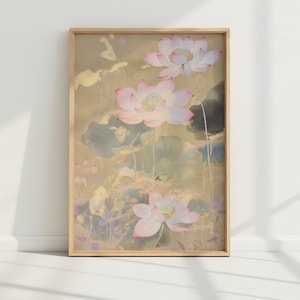 Japandi Lotus Flowers & Leaves Matte Poster | Soft Pastel Watercolor Art | Traditional Asian-Inspired Print | Elegant Zen Wall Decor