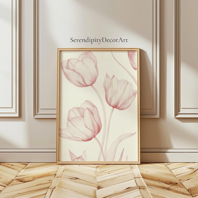 Blush Pink Tulip Line Art Print | Vintage Floral Wall Decor - Etsy