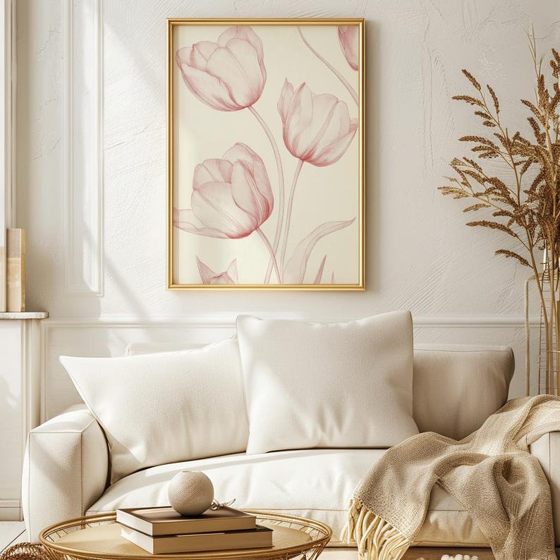 Blush Pink Tulip Line Art Print | Vintage Floral Wall Decor - Etsy
