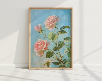 Vintage Pink Roses Oil Painting Poster | Cottagecore Floral Art