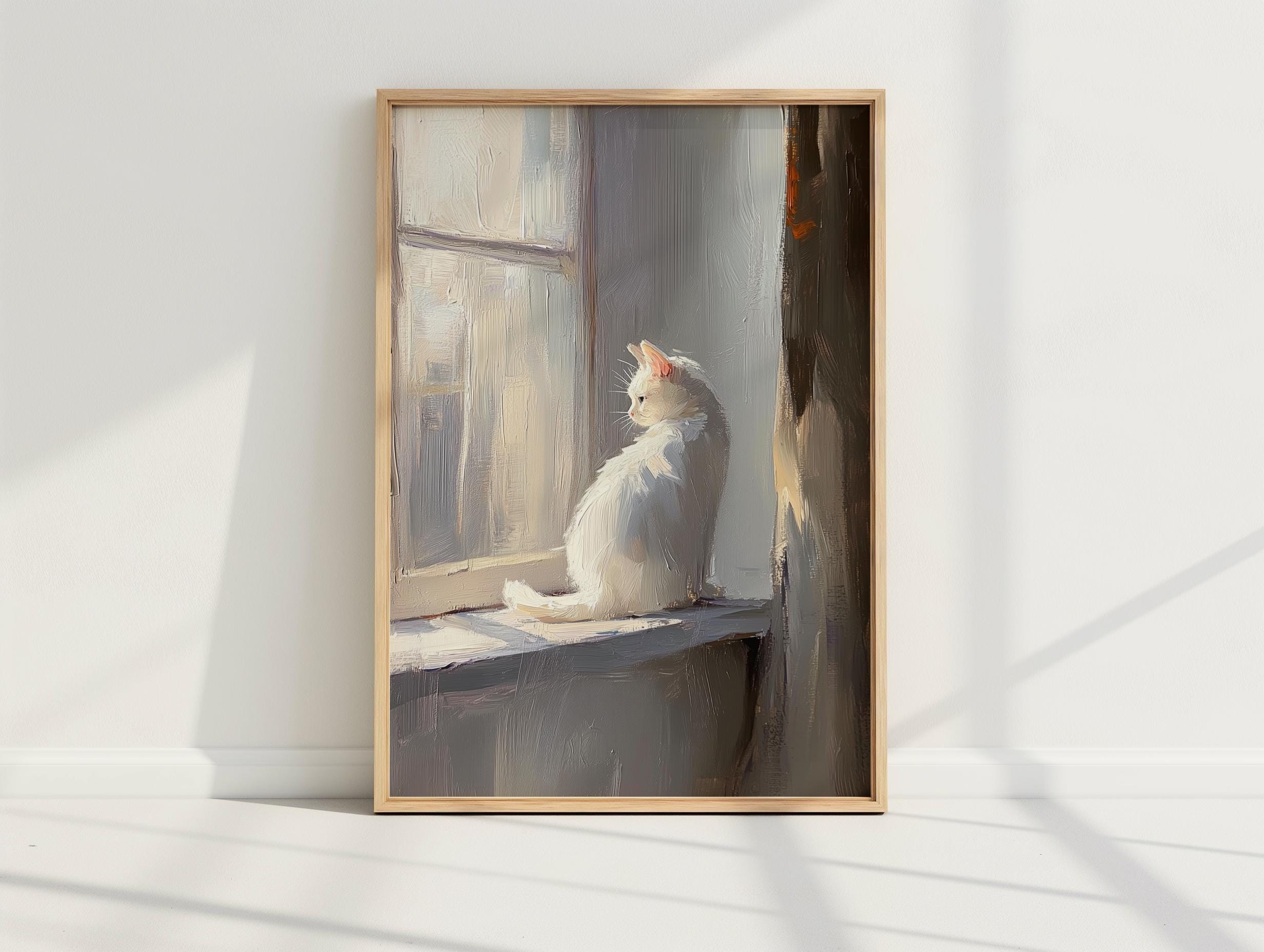 White Cat Oil Painting Matte Poster | Minimalist Backlit Art | Soft Shadows & Window Light | Atmospheric Monochromatic Wall Decor |