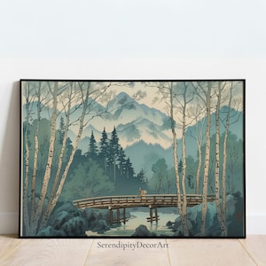May include: A vintage Japanese woodblock print depicting a tranquil landscape with a wooden bridge over a stream, surrounded by trees and mountains in shades of blue and green.