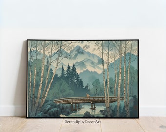 Digital Japanese Birch Forest: Hasui Kawase Style Print | Landscape Decor | Woodblock | High Resolution | Download | Printable Wall Art