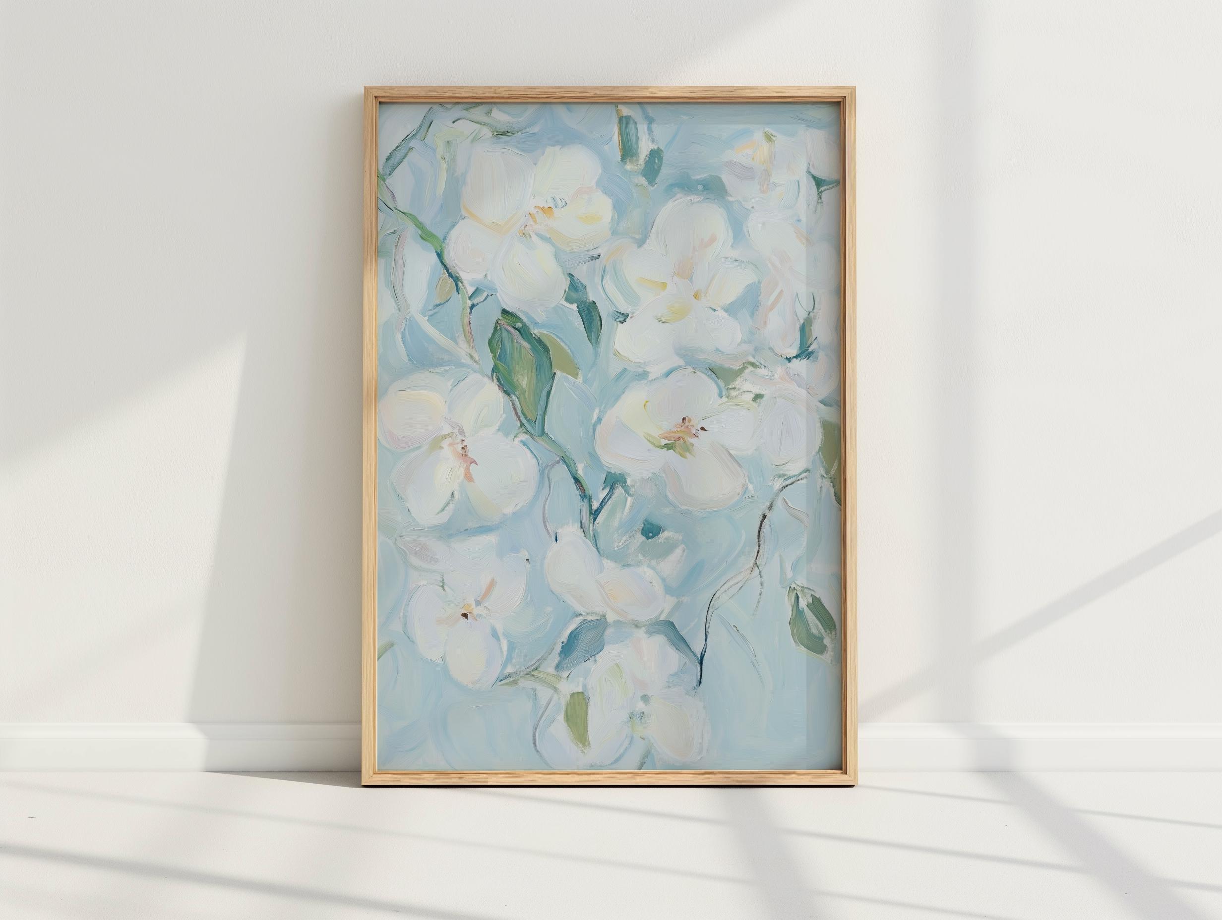 花の絵  油絵   油絵マット付きマット白色 ヴィンテージの白い花の油絵マットポスター | 柔らかいパステルカラー