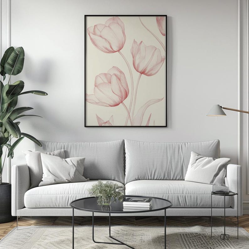 Blush Pink Tulip Line Art Print | Vintage Floral Wall Decor - Etsy