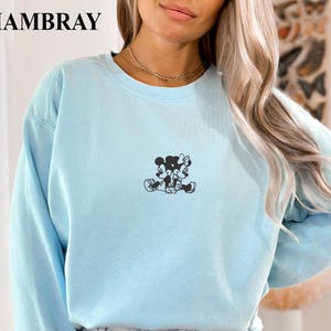 Embroidered Mickey and Minnie Mouse Sitting Sweatshirt, Minimalist Line Art Mouse Couple Sweatshirt, Disney Vacation Sweatshirt