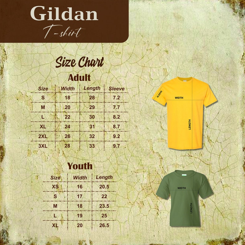 Puede incluir: Tabla de tallas de camisetas Gildan para adultos y j&oacute;venes, con medidas de ancho, largo y manga en pulgadas. Dos camisetas, una amarilla y otra verde, ilustran las medidas.