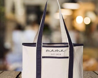 Embroidered Custom Mama Est. Date Deluxe Tote Bag, Personalized Mom Tote Bag, Pregnancy Announcement Gift, Customized Mama Est Bag
