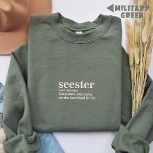 May include: A green sweatshirt with the word "seester" defined as "Like a sister, only cooler. See also best friend for life."