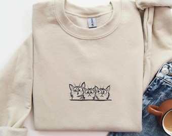 Embroidered Three Funny Cat Sweatshirt, Kitten Sweatshirt, Cat Lovers Gift, Cat Mom Sweatshirt, Cat Owner Gift, Cat Mom Gift