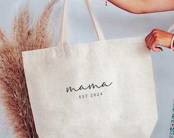 Embroidered Custom Mama Est. Date Tote Bag, Personalized Mom Tote Bag, Pregnancy Announcement Gift, Customized Mama Est Bag