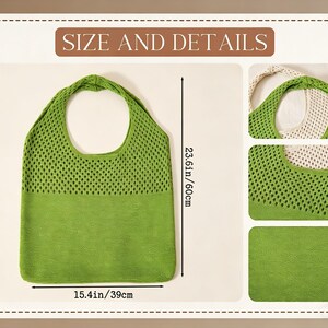May include: A green knitted tote bag with a large handle. The bag is 60cm tall and 39cm wide. The bag has a mesh design on the top half and a solid green bottom half. The words "SIZE AND DETAILS" are at the top.
