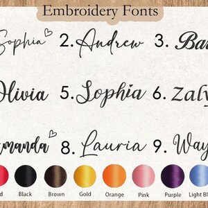 May include: An image showcasing embroidery fonts, including names like Sophia, Andrew, and Barbara. A colour palette is displayed with options such as green, red, black, brown, gold, orange, pink, purple, light blue, and white.