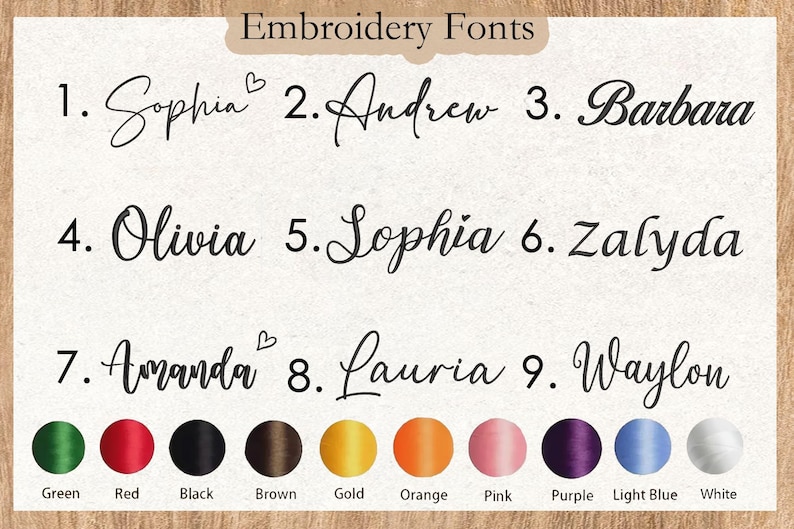 May include: An image showcasing embroidery fonts, including names like Sophia, Andrew, and Barbara. A colour palette is displayed with options such as green, red, black, brown, gold, orange, pink, purple, light blue, and white.