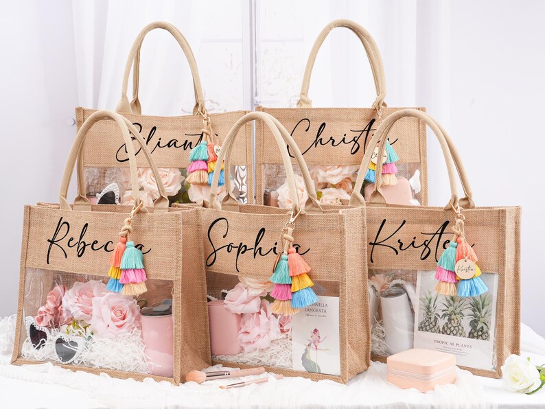 Personalized Burlap Beach Tote, PVC Window, Bridesmaid Gift Bag - Etsy