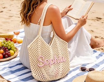 Personalized Cotton Crochet Beach Tote,Bridesmaid Gift Bags,Vacation Carrier,Wedding favor Bag