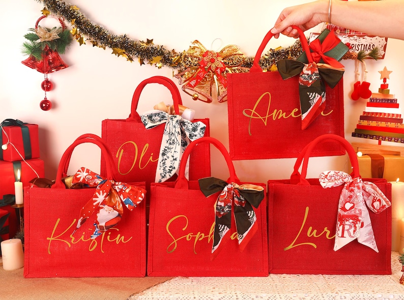 Personalized Christmas Gift Bag: Red Xmas Party Tote image 1