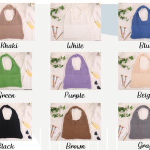 May include: A selection of open-weave tote bags in colours such as khaki, white, blue, green, purple, beige, black, brown, and grey. Each bag has a halter-style design. The bags are displayed on a white surface with decorative elements.