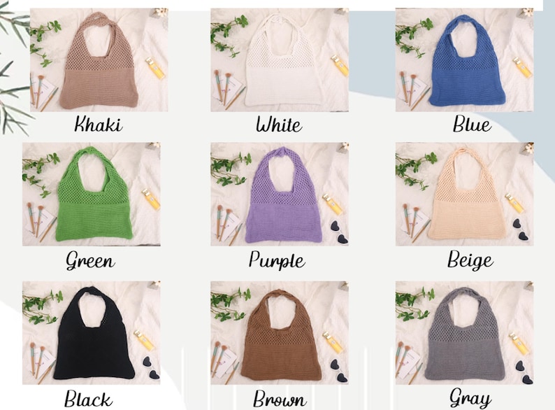 May include: A selection of open-weave tote bags in colours such as khaki, white, blue, green, purple, beige, black, brown, and grey. Each bag has a halter-style design. The bags are displayed on a white surface with decorative elements.