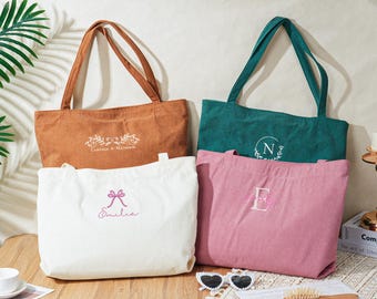 名入れ可能なコーデュロイトートバッグ、名前刺繍入りショルダーバッグ、ブライズメイドギフト