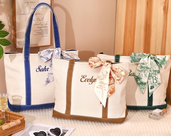 Custom Tote Bag,Personalized Embroidered Canvas Tote Bag,Name Tote Bag,Bridesmaid Gift Bag,Personalized Gifts,Beach Bag with Ribbons.
