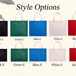 May include: Ten reusable tote bags in different colors and sizes. The bags are made of natural jute fabric and have white handles. The colors are black, green, blue, white, and red. The sizes are large and small.