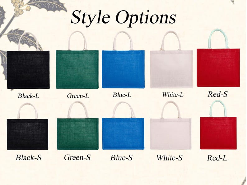 May include: Ten reusable tote bags in different colors and sizes. The bags are made of natural jute fabric and have white handles. The colors are black, green, blue, white, and red. The sizes are large and small.