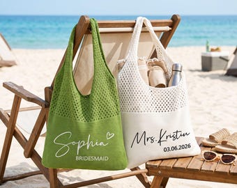 Personalized Knit Tote Bag, Custom Embroidered Beach Bag, Bridesmaid Gift