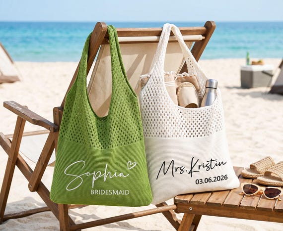 Personalized Knit Tote Bag, Custom Embroidered Beach Bag, Bridesmaid Gift