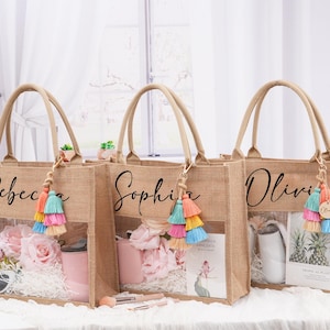 Personalized Burlap Beach Tote, PVC Window, Bridesmaid Gift Bag - Etsy