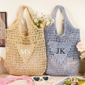 Personalisierte Stickerei Einkaufstasche, kundenspezifische Raffia Strandtasche, Monogramm Brautjungfer Strohtasche, Sommer Hobo Tasche für Braut, Junggesellinnenabschied Geschenktasche