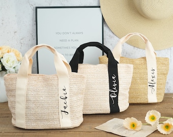 Sac de plage en paille personnalisé : cabas en toile de jute pour la mariée