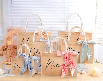 Personalized Burlap Bridesmaid Gift Bag with Scarf, Monogrammed Tote