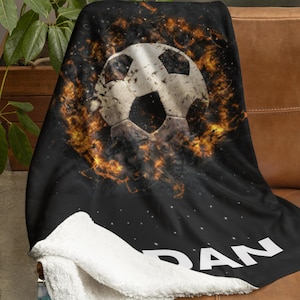 Personalized Soccer Blanket Football Fire Blanket Sports Blanket Custom Soccer Name Blanket Sherpa Fleece Blanket Gift for Soccer Lover