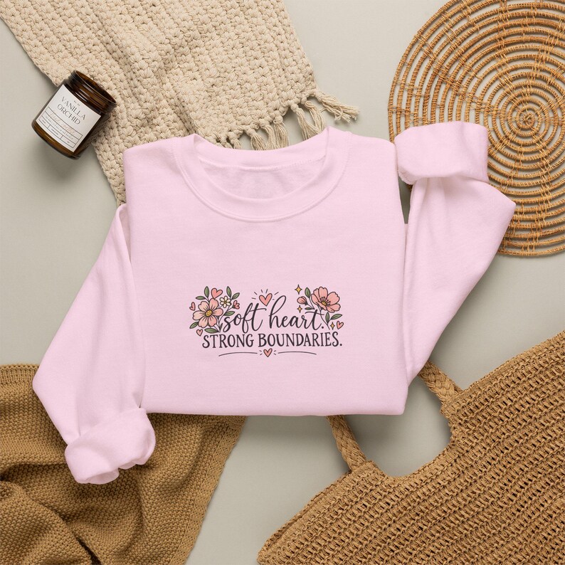 Soft Heart Strong Boundaries Sweatshirt, Self Care Sweatshirt, Mental Health Crewneck, Boundaries Shirt, Therapist Gift, Empowerment Gift Light Pink