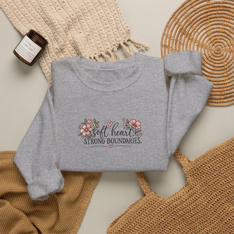 Soft Heart Strong Boundaries Sweatshirt, Self Care Sweatshirt, Mental Health Crewneck, Boundaries Shirt, Therapist Gift, Empowerment Gift Sport Grey