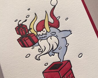 Letterpress Santa Monster Karte