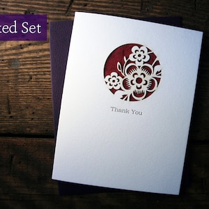 Set van 6 - Lasergesneden en boekdruk bloemen bedankkaarten
