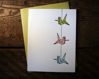 Letterpress Printed String of Cranes Card (Chartreuse-Orange-Light Blue) - single